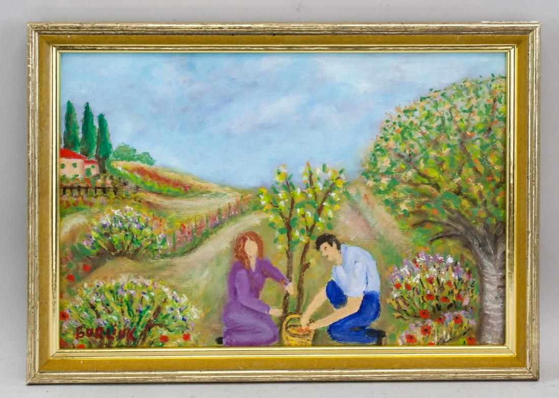 David Burliuk Ukrainian Futurist Oil on Canvas: Oil on canvas, framed. Featuring a portrait of a couple picking apples. Signed BURLIUK on the lower left corner. Attributed to David Burliuk (1882-1967, American-Ukrainian). 23 x 35 cm (9.1 x 13.8 inc