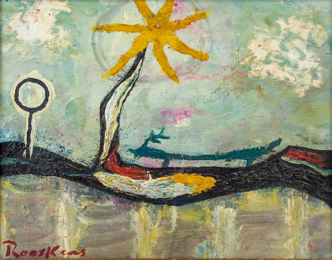 Anton Rooskens Dutch Cubist Oil on Canvas: Oil on canvas, framed. Featuring a landscape scene. Signed Rooskens on the lower left corner. Attributed to Anton Rooskens (1906-1976, Dutch). 23 x 29 cm (9 x 11 in.). Frame size: 30 x 37 cm (12 x 14.