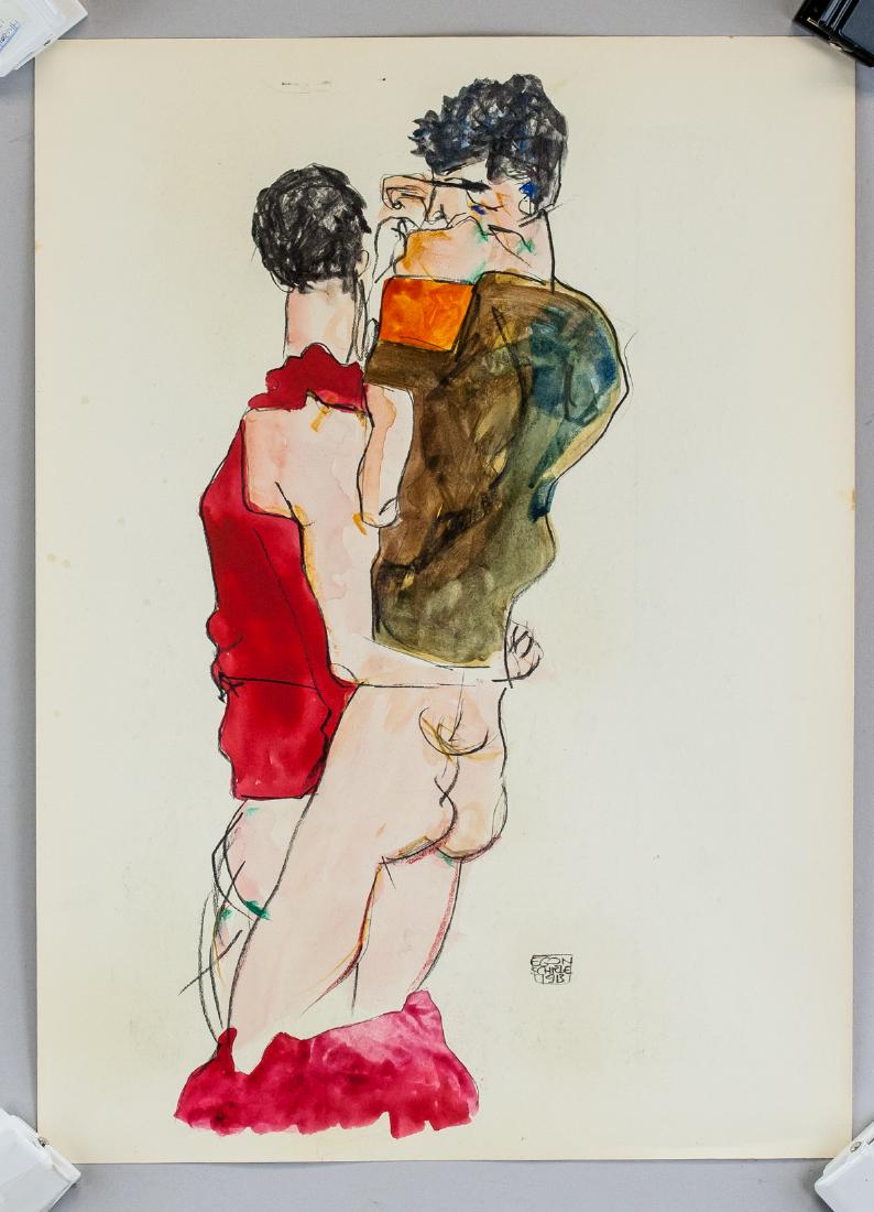 Egon Schiele Austrian Mixed Media 1913: Mixed media on paper with printed image of Bibliotheque De L'Hotel Cornudet on the verso. Featuring two couples. Signed EGON SCHIELE 1913 on the lower right corner 17.25 x 12.25 inches (43.8 x 31.2 cm
