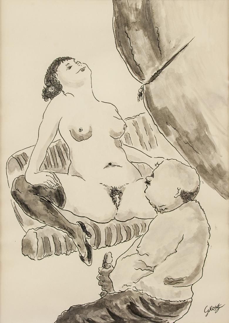 George Grosz German Dadaist Ink on Paper: Ink on paper, newly framed. Featuring an erotic scene. Signed Grosz on the lower right corner. Attributed to George Grosz (1893-1959, German). 35 x 25 cm (13.8 x 9.8 inches). Frame size: 55 x 45 cm (2