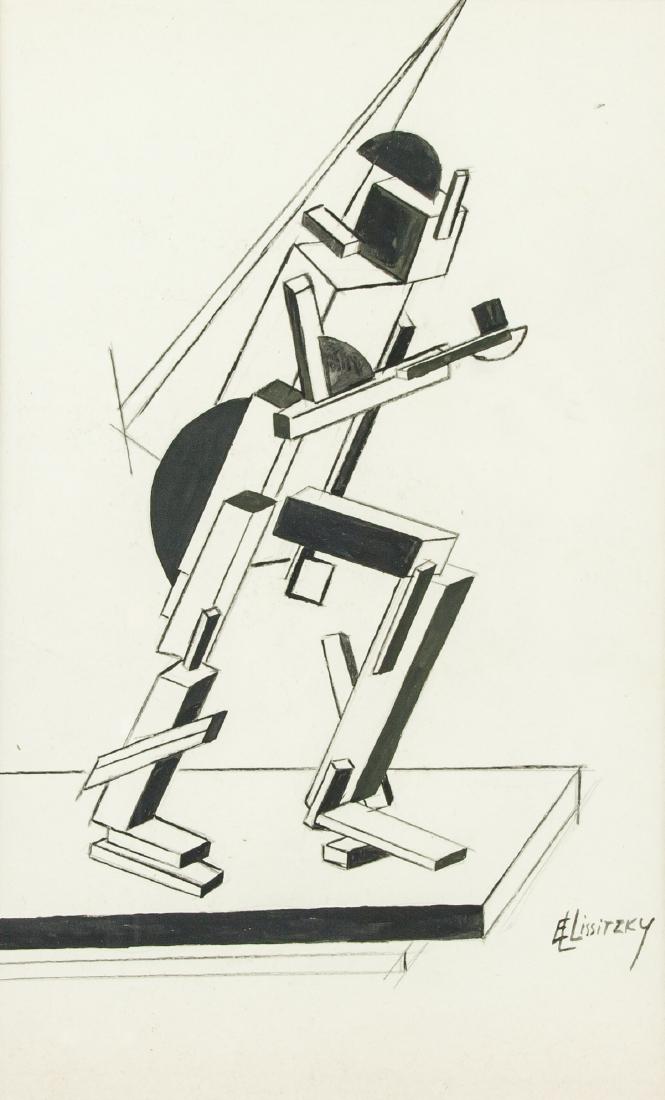El Lissitzky 1890-1941 Russian Gouache Paper: Gouache on paper, framed. Featuring a figures in motion. Signed El Lissitzky (1890-1941, Russian) on the lower right corner. 27 x 16.5 cm. Framed: 43.5 x 33.5 cm; image size: 10 x 6.5 in). A key figur