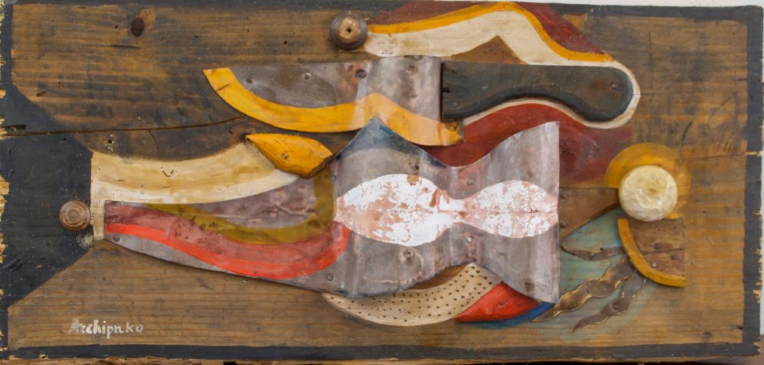 Alexander Archipenko Ukrainian Cubist Mixed Media: Metal and wood mixed media on wood block. Signed Archipenko on the lower left margin. Attributed to Alexander Archipenko (1887-1964, Ukrainian). Sketched outline of figure on verso. 20 x 40 cm (7.9 x