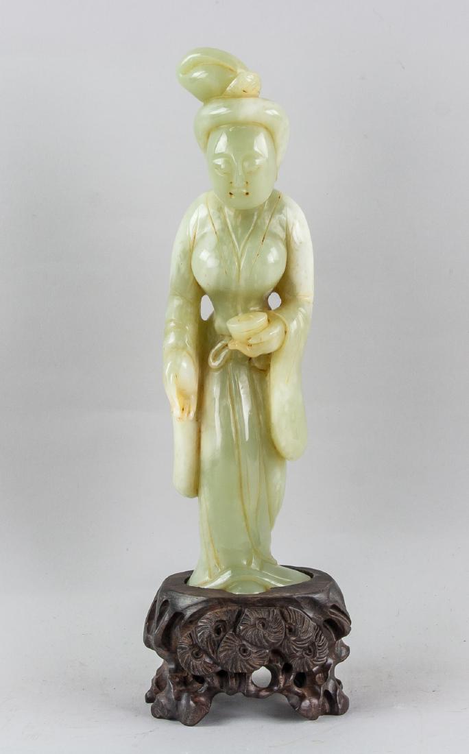 Chinese Green Jade Lady Statue with Wood Stand