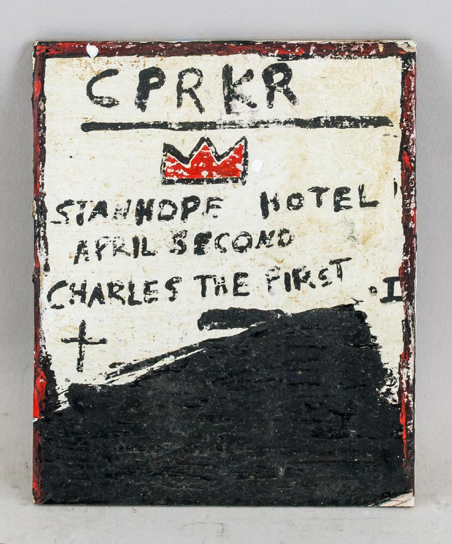 Jean-Michel Basquiat American Neo Mixed Media: Mixed media on board. "Charles the First". Signed JMB on verso with X through a box in ink. Stamped # 777 on verso. Water damage evident on verso. Attributed to Jean-Michel Basquiat (American, 1960-19