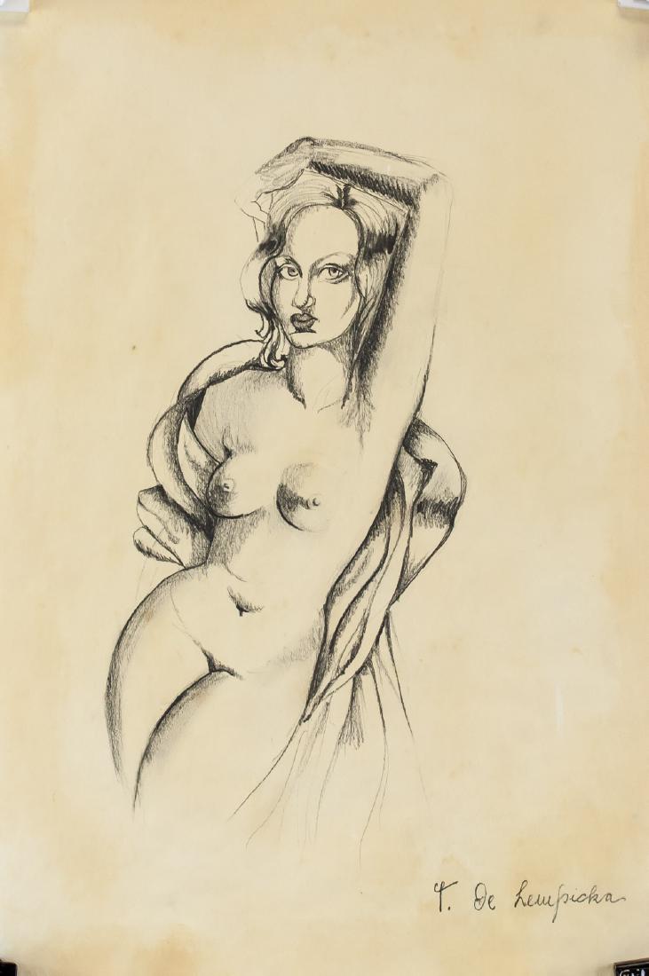 Tamara de Lempicka Polish Pencil on Paper: Pencil on paper. Featuring a portrait of nude. Signed T. de Lempicka on the lower right corner. On verso, inscribed Roman Numberals II and 20. Attributed to Tamara de Lempicka (1989-1980, Polish). 38.
