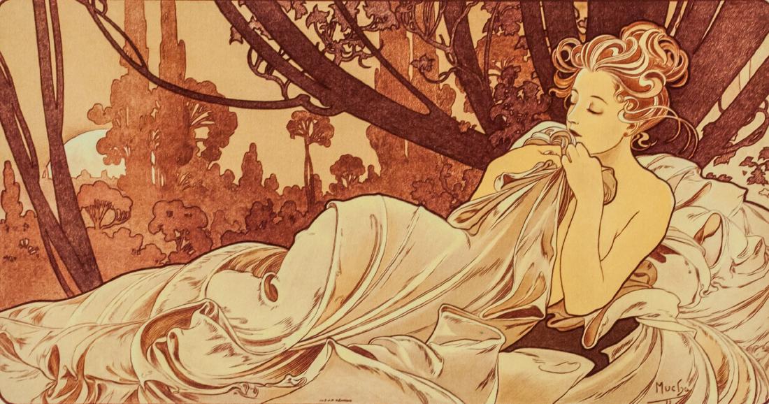 Alphonse Mucha Czech Symbolist Signed Litho 76/200: Lithograph on paper. Featuring a nude. Signed Mucha and inscribed 76/200 in pencil on the lower right and lower left corner, respectively. Attributed to Alphonse Mucha (1860-1939, Czech). 11 x 20.5 cm