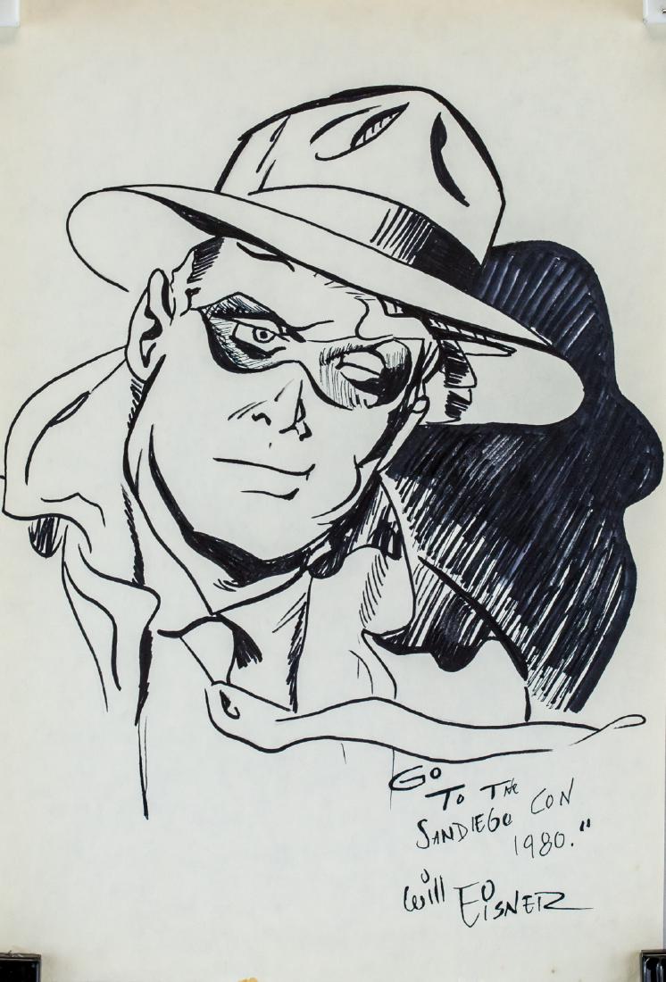 Will Eisner American Pop Marker on Paper: Marker on paper. Featuring a portrait. Inscribed Go TO THE SAN DIEGO CON 1980 and signed Will Eisner on the lower right corner. Attributed to Will Erwin Eisner (1917-2005, American). 31 x 20.5 cm (12.