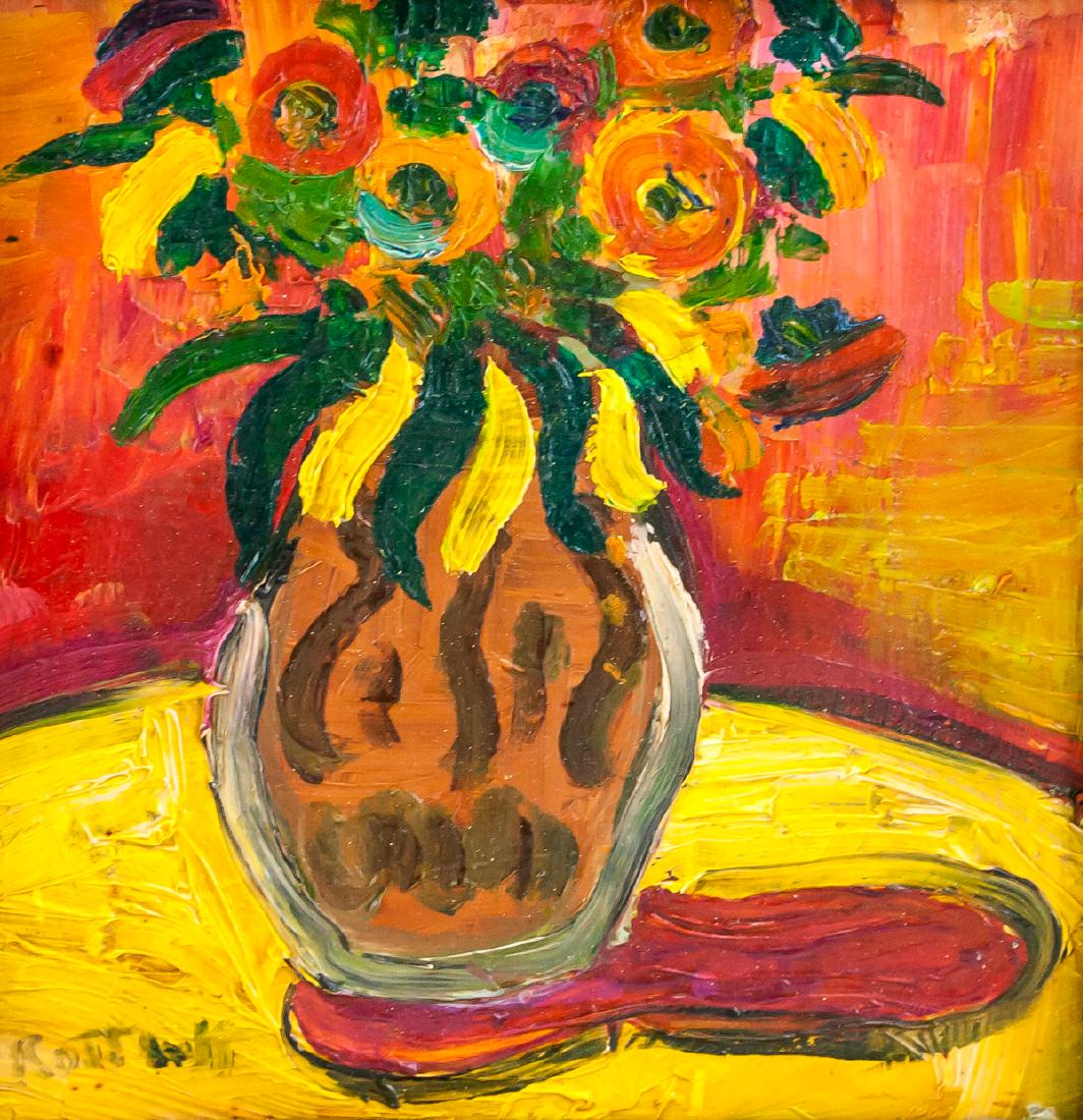 Karl Schmidt-Rottluff German Expressionist OOC: Oil on canvas, framed. Featuring a still of flower pot. Signed Rottluff on the lower left corner. Inscribed S. Rottluff faintly on verso of canvas. Illegible stamp on canvas, verso. SK inscribed on re