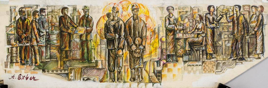 Alexandra Exter Ukrainian Cubist Mixed Media: Mixed media on board. Featuring various portrait montage scenes. Signed A. Exter on the lower left corner. Attributed to Alexandra Exter (1882-1949, Russian). 12.5 x 38.5 cm (4.9 x 15.2 inches). PROVE