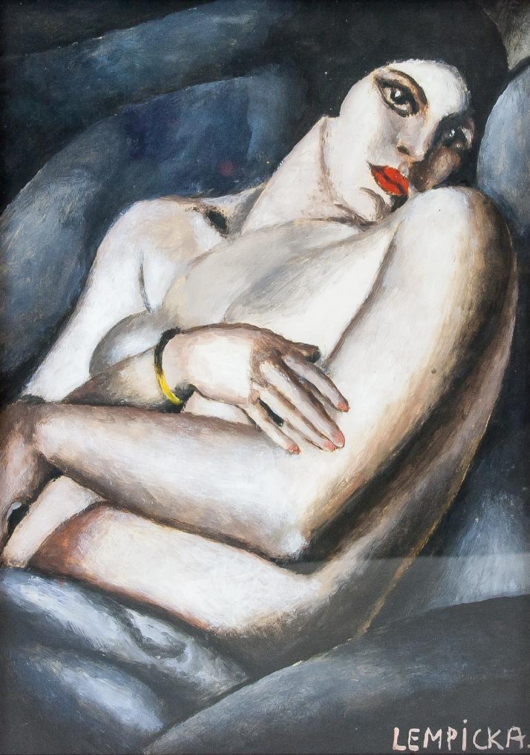 Tamara de Lempicka Polish Art Deco Cubist Oil: Polish Art Deco Cubist School. Oil on paper, framed. Featuring a portrait. Signed Lempicka on the lower right corner. 26.5 x 18.5 cm (10.4 x 7.3 inches). Attributed to Tamara de Lempicka (1898-1980, P