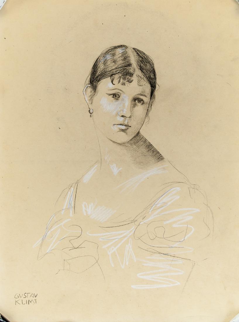 Gustav Klimt Austrian Symbolist Pencil Portrait: Graphite on paper. Featuring a portrait of a lady. Signed GUSTAV KLIMT on the lower left corner. Inscribed with illegible stamp on verso. 1861 faintly visible on stamp. Attributed to Gustav Klimt (186