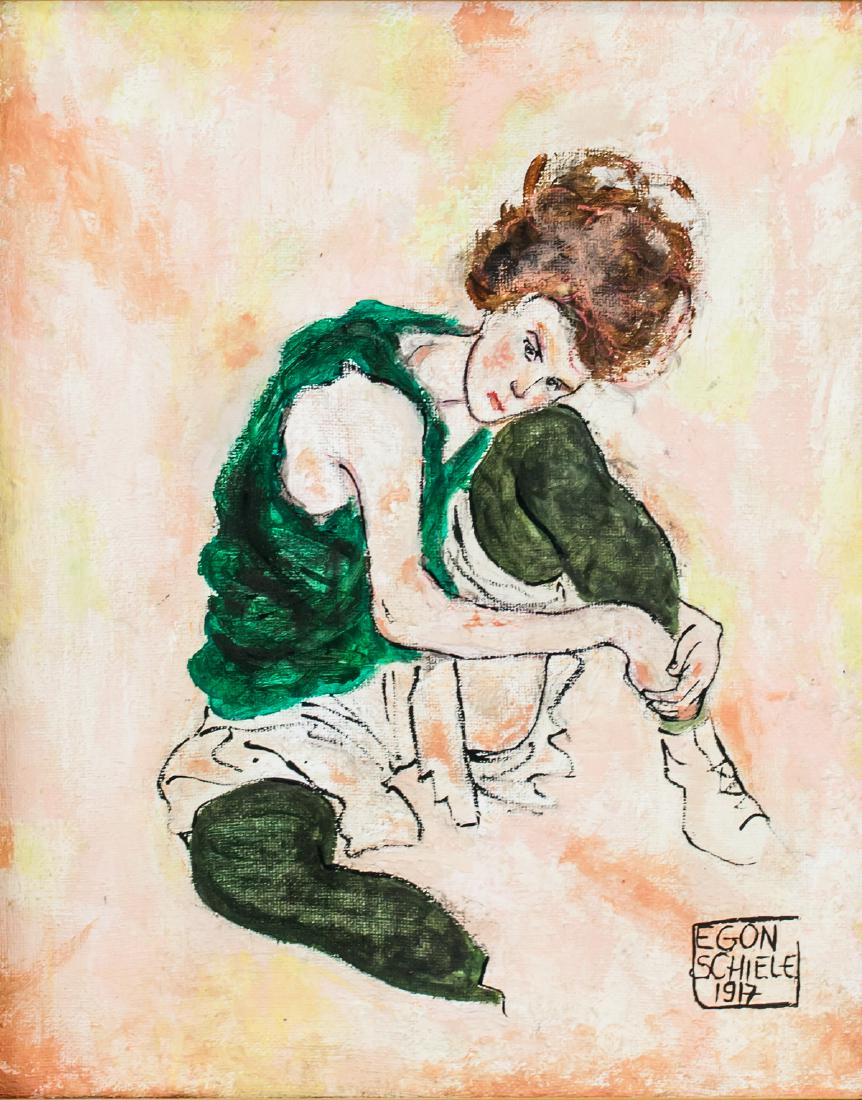 Egon Schiele Austrian Expressionist Oil on Canvas: Oil on canvas, framed. Featuring a portrait of a woman. Signed EGON SCHIELE and inscribed 1917 on the lower right corner. Attributed to Egon Schiele (1890-1918, Austrian). 45.5 x 36.5 cm (18 x 14.5 in