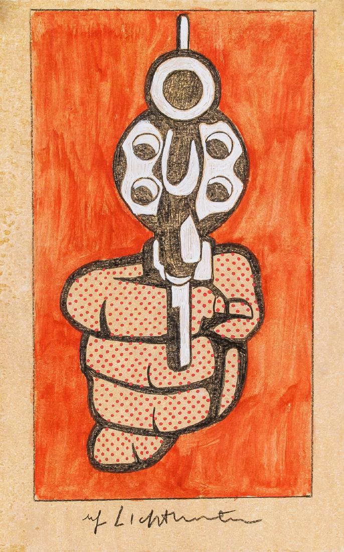 Roy Lichtenstein US Pop Art Mixed Media on Paper: Mixed media on paper. Featuring a drawn gun pointed towards the viewer. Signed Roy Lichtenstein on the lower margin. Attributed to Roy Lichtenstein (1923-1997, American). 29.5 x 21 cm (11.6 x 8.3 inch