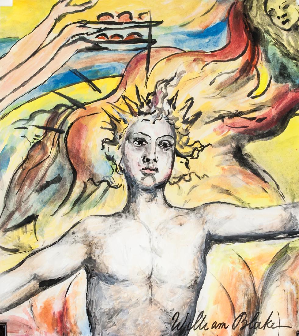 William Blake British Romanticist Mixed Media: Mixed media on paper. Featuring a nude portrait. Signed William Blake on the lower right corner. Stamped Daniel Lewis Hunt on verso. Inscribed Call-MVr 31 and stamped T Wiegand on verso. Attributed to