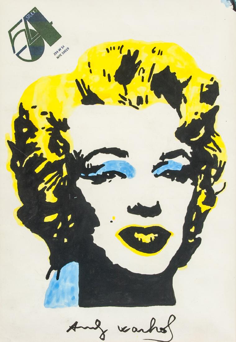 Andy Warhol US Pop Art Marilyn Monroe Gouache: Gouache on paper, framed. Featuring portrait of Marilyn Monroe. Signed Andy Warhol on bottom margin. Attributed to Andy Warhol (1928-1987, American). 11 x 7.5 in. (28 x 19 cm). PROVENANCE: Southern On