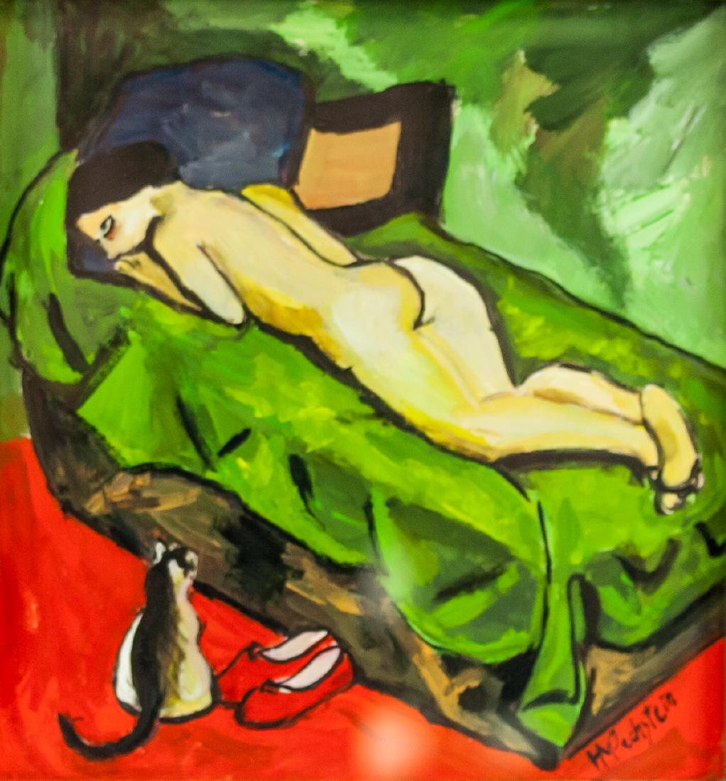 Max Pechstein German Expressionist Gouache Paper: Gouache on paper, framed. Featuring an expressionist scene of a nude lying on bed. Signed Max Pechstein on the lower right corner. Stamped illegibly on verso. Attributed to Max Pechstein (1881-1955, G