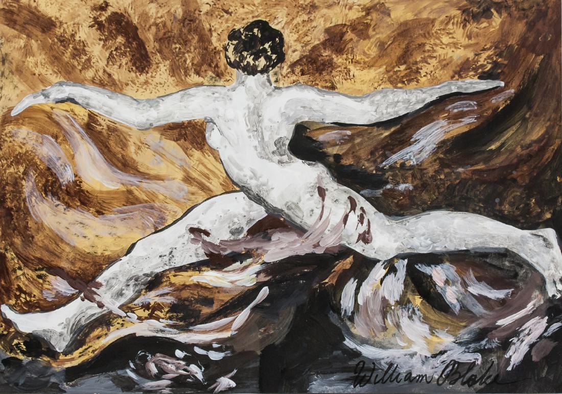 William Blake British Romanticist Gouache on Paper: Gouache on paper. Featuring a nude figure. Signed William Blake on the lower right corner. Stamped Daniel Lewis Hunt on verso. Inscribed Cou. A.H.W 74 and stamped F Wiegand on verso. Attributed to Wil