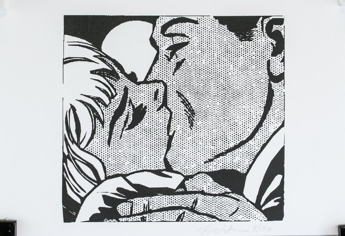 Roy Lichtenstein American Pop Signed Litho 8/120: Lithograph on paper. Featuring a portrait of a couple embracing each other with a kiss. Signed Roy Licthenstein and inscribed 8/120 on the lower right corner. Inscribed 694 and stamped INTERNATIONAL I