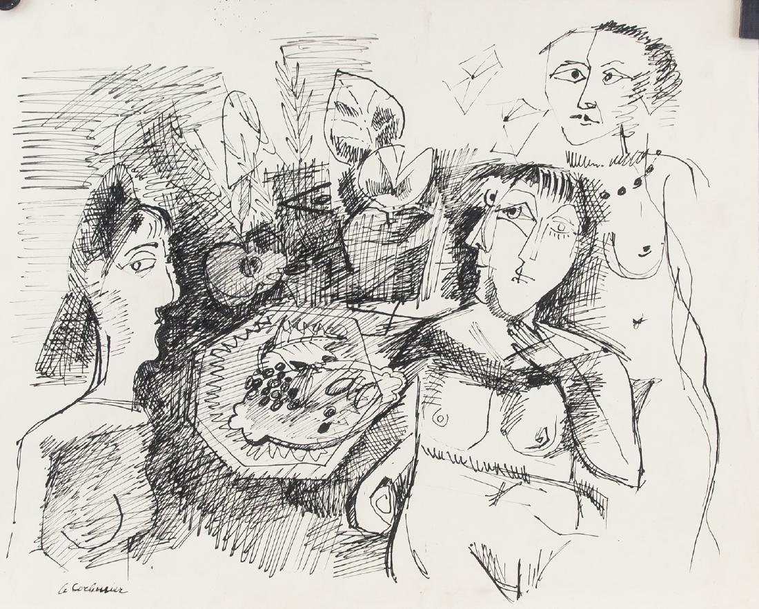 Le Corbusier French-Swiss Modernist Ink on Paper: Ink on paper. Featuring a portrait of several figures. Signed Le Corbusier on the lower left corner. Attributed to Le Corbusier (1887-1965). 35 x 43 cm (13.8 x 16.9 inches). PROVENANCE: Southern Ontar