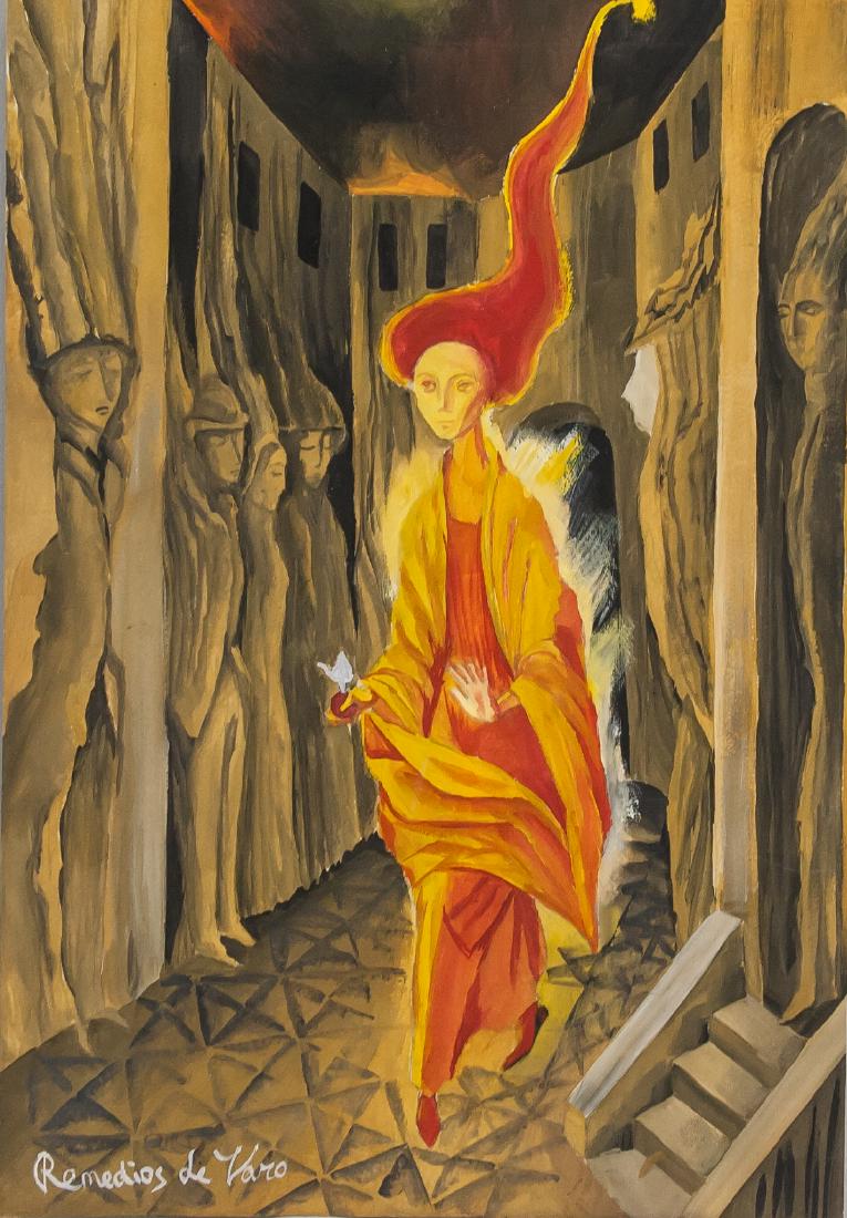 Remedios Varo Spanish Surrealist Gouache Paper: Gouache on paper. Featuring a surrealist portrait composition. Signed Remedios de Varo on the lower left corner. Attributed to Remedios Varo Uranga (1908-1963, Spanish). 29 x 20 cm (11.4 x 7.9 inches)