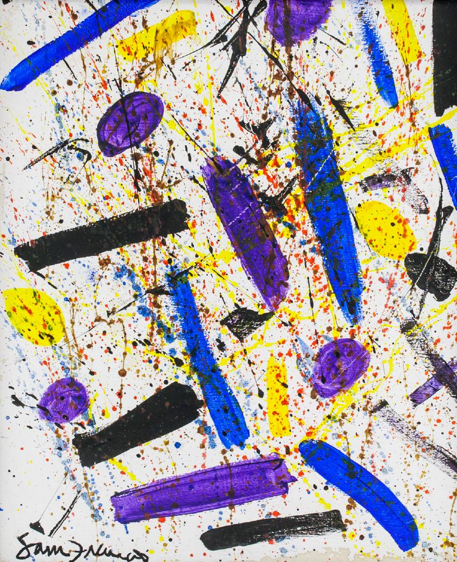 Sam Francis American Abstract Oil on Canvas: Oil on canvas, framed. Featuring an abstract expressionist composition. Signed Sam Francis on the lower left corner. Attributed to Sam Francis (1923-1994, American). 44 x 36.5 cm (17.3 x 14.4 inches).