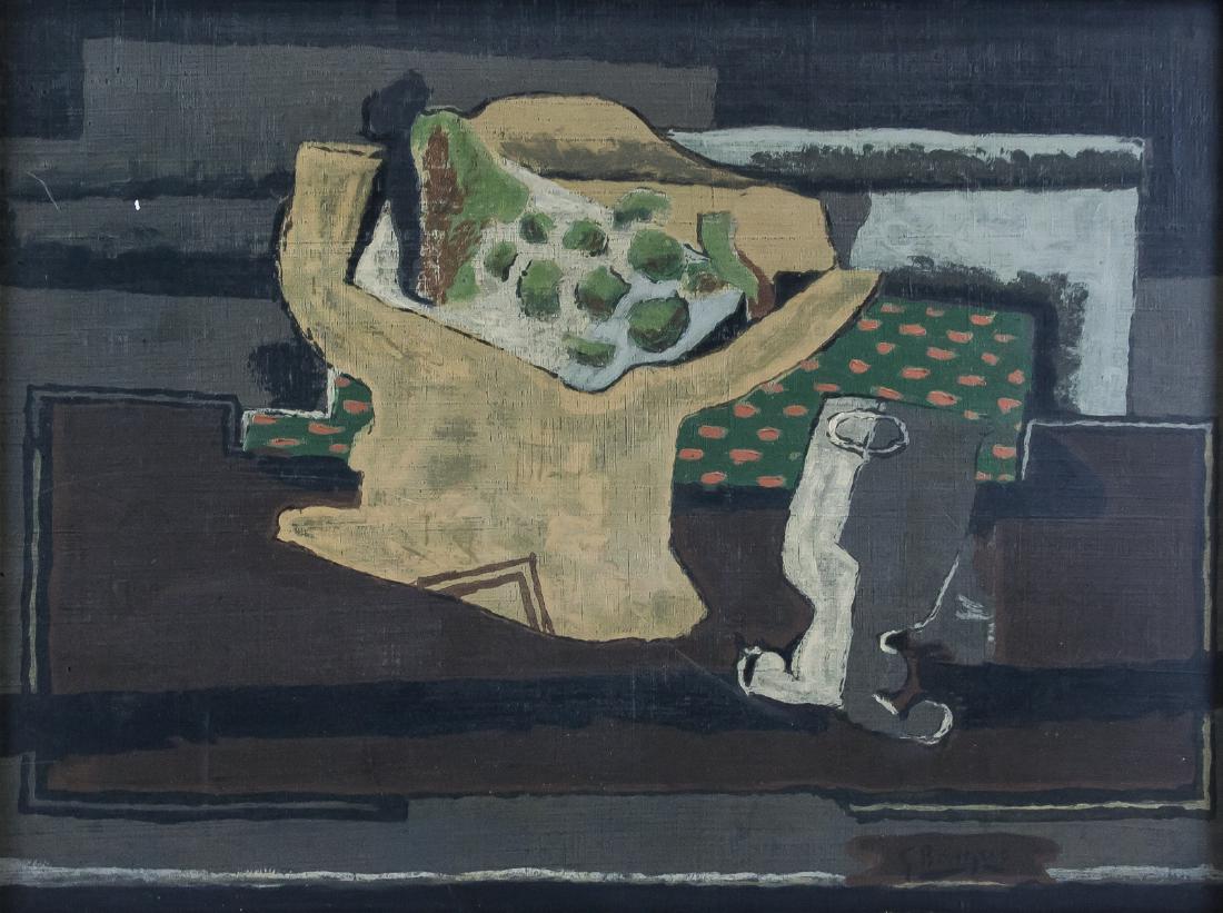 Georges Braque French Cubist Oil on Paper: Oil on paper. Featuring a cubist still of objects. Signed G. Braque on the lower right corner. Label affixed to verso inscribed George Braque / Stilleben / Hand coloriert. Inscribed in pencil on verso