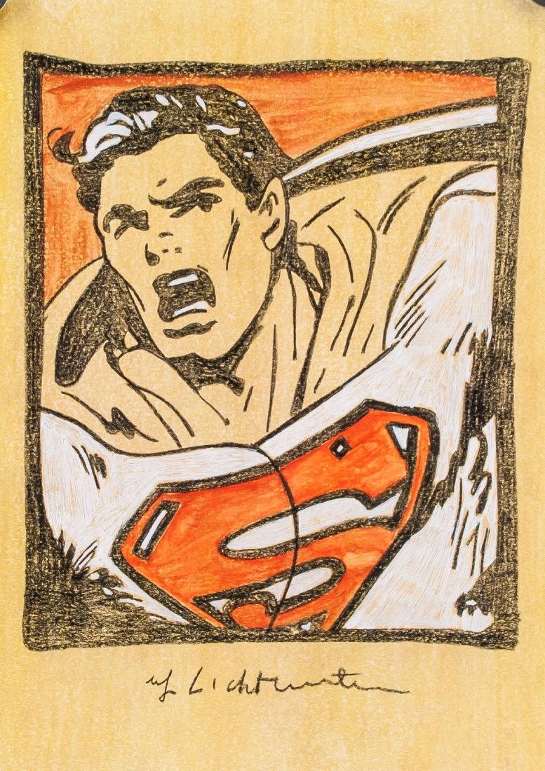 Roy Lichtenstein US Pop Art Mixed Media Superman: Mixed media on paper. Featuring Superman. Signed Roy Licthenstein on the lower margin. 22.9 x 19 cm (9 x 7.5 inches). PROVENANCE: Upper New York estate
