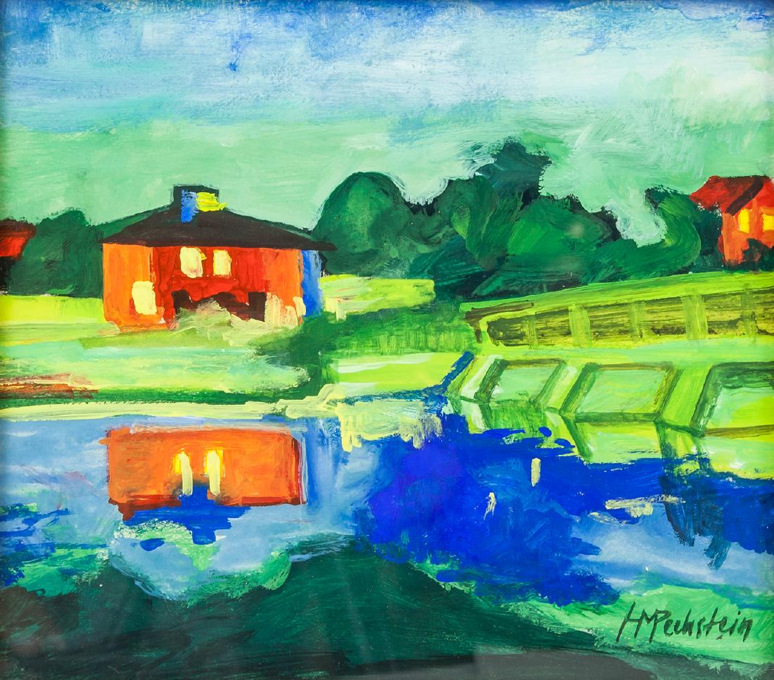 Max Pechstein German Expressionist Gouache Paper: Tempera, ink and gouache on paper, framed. Featuring a landscape scene. Signed HM Pechstein on the lower right corner. Attributed to Hermann Max Pechstein (1881-1955, German). Gallery seal faintly ins