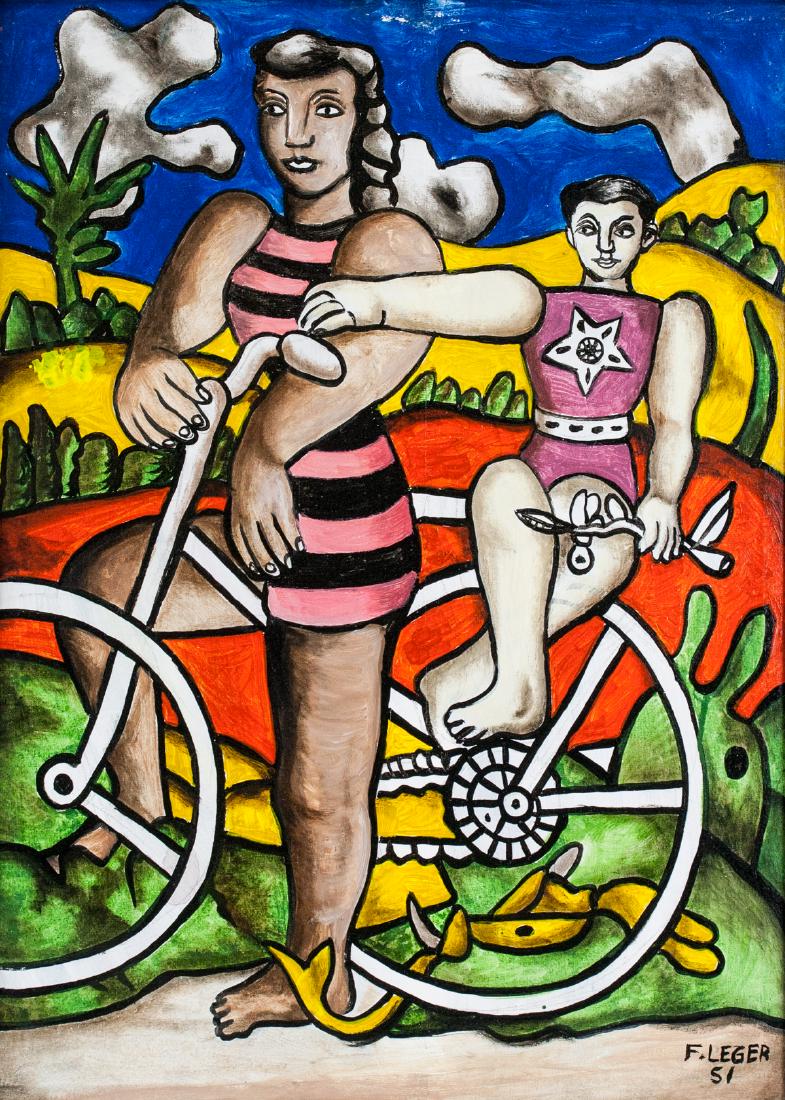 Fernand Leger French Cubist Oil on Canvas Portrait: Oil on canvas, framed. Featuring a cubist portrait of two women on bicycle. Signed F. LEGER and inscribed 51 underneath signature. A label inscribed Atelier Fernand LEGER 104. Boulevarde de C? - PARIS
