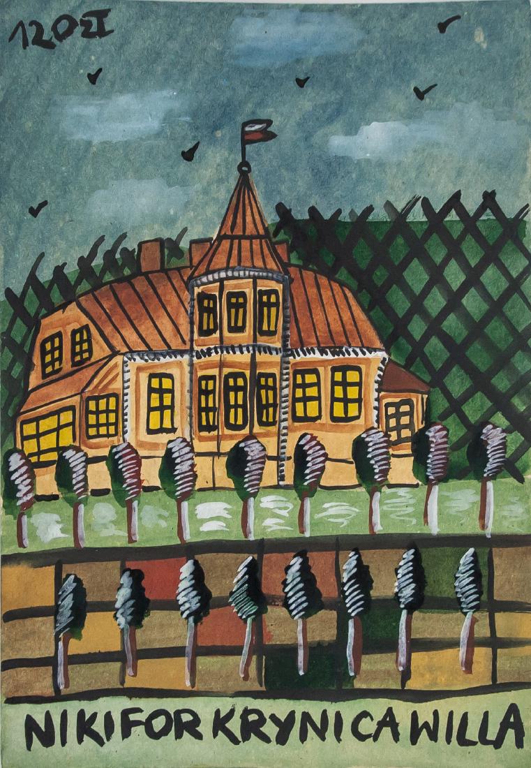Nikifor Krynicki Polish-Ukrainian Gouache on Paper: Gouache on paper. Featuring a landscape scene. Signed NIKIFOR KRYNICKAWILLA on the lower edge. Attributed to Nikifor (1895-1968, Polish-Ukrainian). 30 x 21 cm (11.8 x 8.3 inches). PROVENANCE: Southern