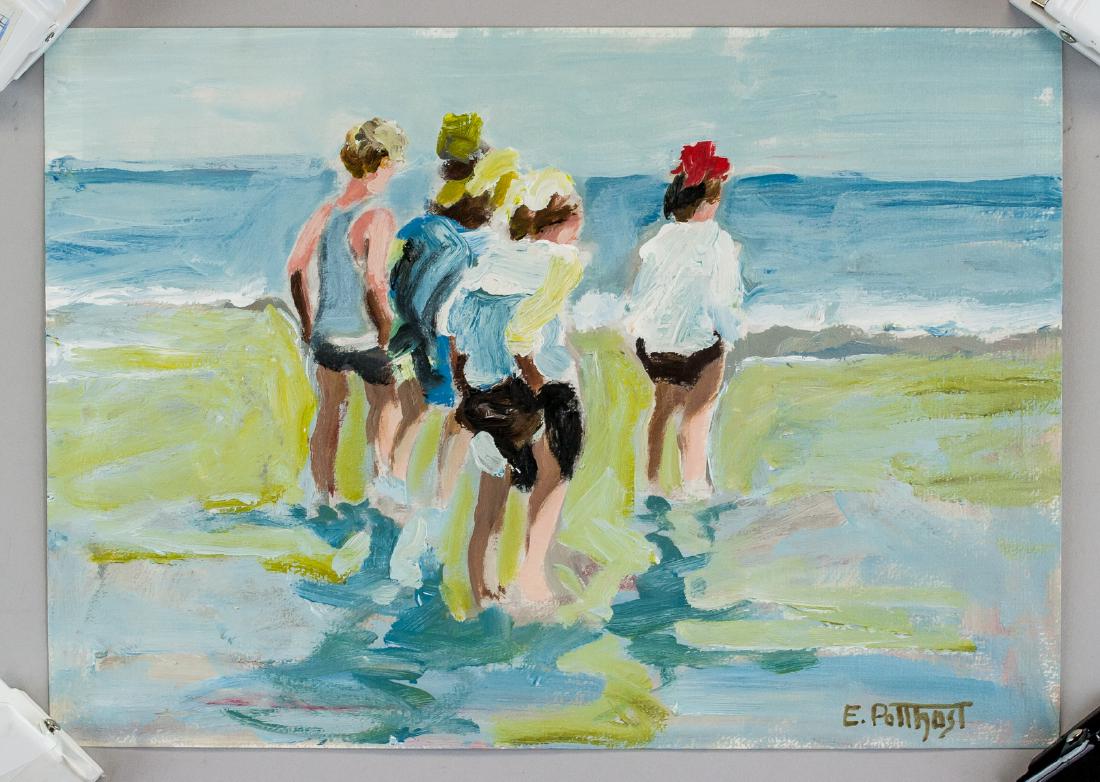 Edward Henry Potthast US Impressionist Oil/Paper: Oil on paper. Featuring an impressionist beach landscape scene. Signed E. POTTHAST on the lower right corner. Attributed to Edward Henry Potthast (American, 1857-1927). 21 x 29.5 cm (8.3 x 11.6 inches