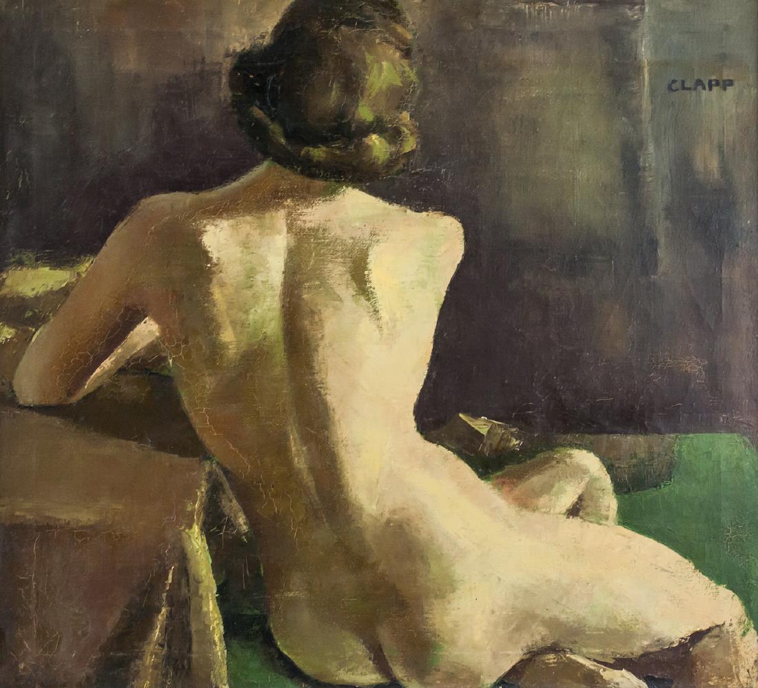 William Henry 1819-1954 Oil on Canvas Nude: Oil on board, framed. Featuring a seated nude. Signed CLAPP on the right margin. On verso, inscribed W.H. Clapp and dated Dec 10 '31. Label affixed to verso inscribed OSSS (cash). Stamped JOHN PICTURE