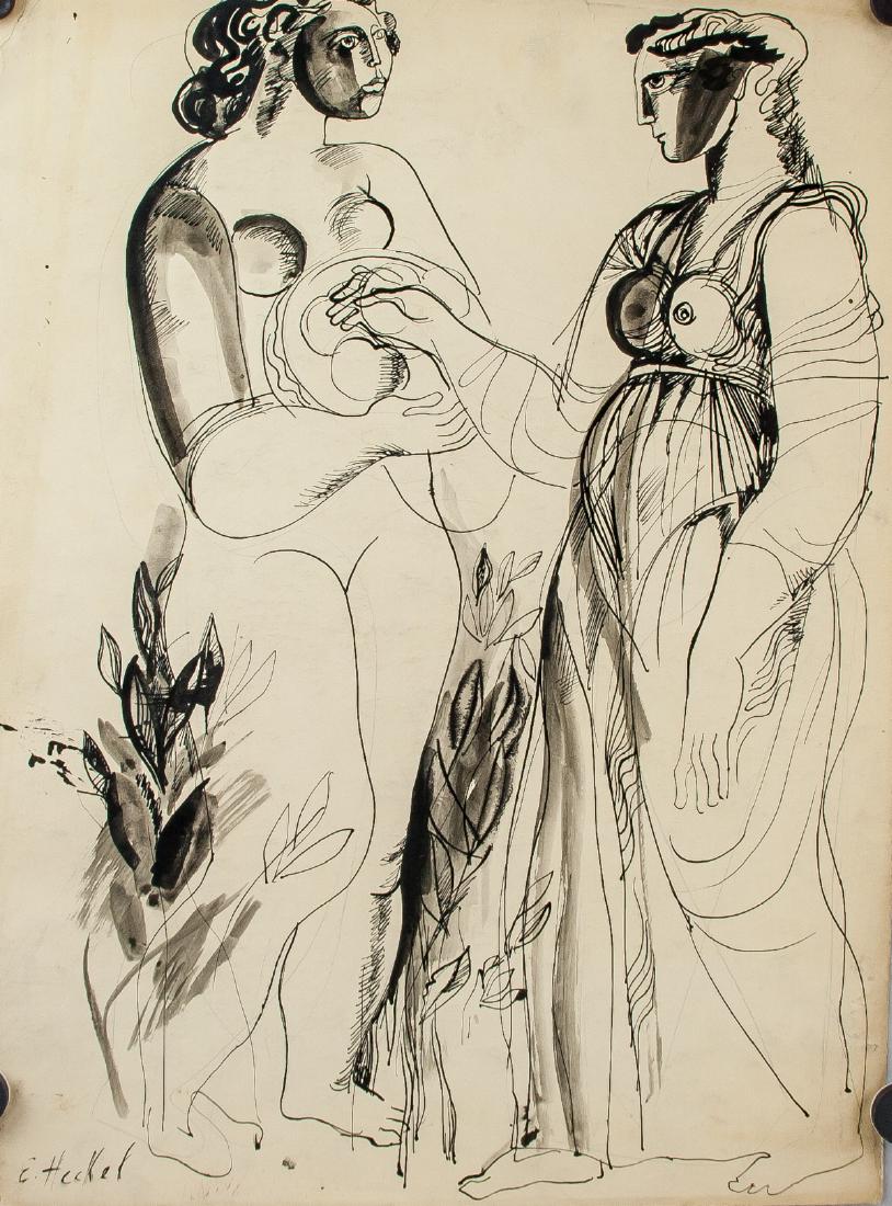 Erich Heckel German School Ink on Paper: Ink on paper. Featuring drawing of two figures. Signed E. Heckel on the lower right corner. 47.5 x 35 cm (18.7 x 13.7 inches). Painter and printmaker Erich Heckel is considered one of Germanyâ€™s