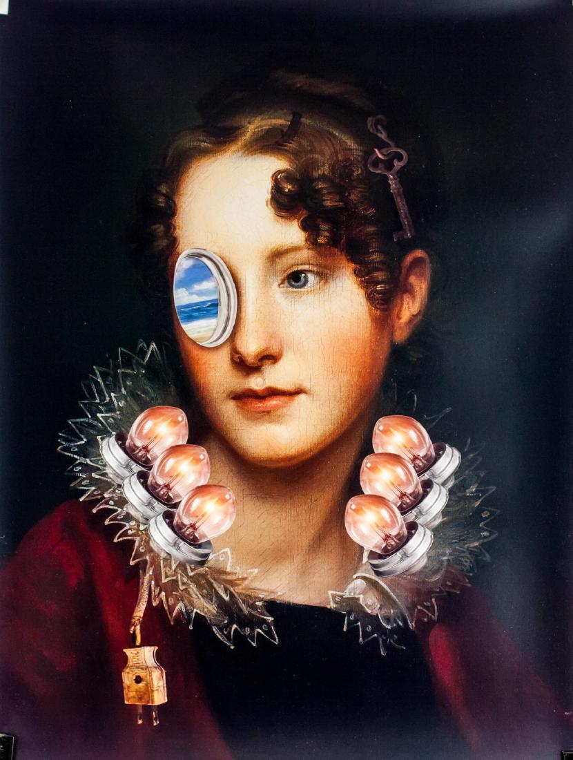 Tan Tolga Demirci b.1974 Turkish Digital Collage: Digital collage, print on photo paper. Featuring surrealist scene titled "Lighthouse of Alexandria". Verso with artist stamp and signed demirci. No. 3 of 30. Created by Tan Tolga Demirci (b.1974, Turk