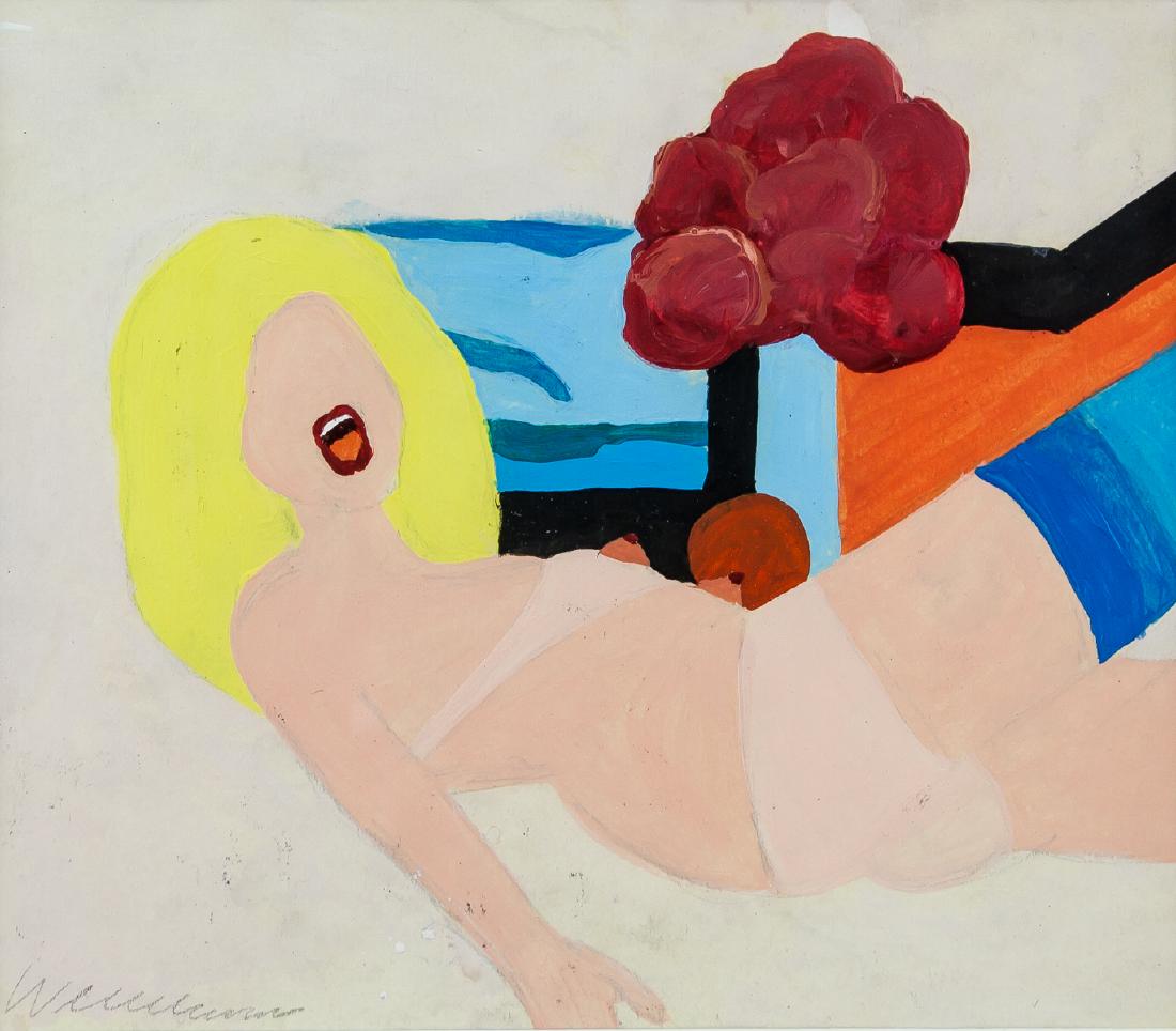 American Pop Art School Acrylic Illegibly Signed: Acrylic on paper. Featuring a nude figure reclining. Signed "Wesselmann" on the lower left corner in pencil. American New York Pop Art. 15 x 17 cm (5.9 x 6.7 inches). Frame size: 26 x 31 cm (10.2 x 12