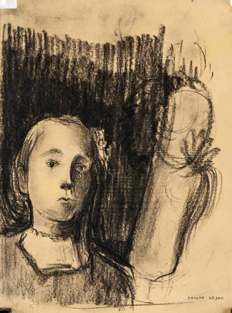 Odilon Redon French Symbolist Charcoal on Paper: Charcoal on paper. Featuring a sketch portrait of a girl. Signed ODILON REDON on the lower right corner. Inscrined 3S2 and stamped faintly on verso. Attributed to Odilon Redon (1840-1916, French). 28