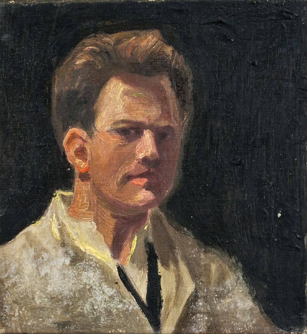 Craigie Aitchison Scottish Modernist Oil on Canvas: Oil on canvas. Featuring a portrait of a man. Signed on verso Craigie Aitchison and inscribed CRAIiGiE AiTCHiSON (1926-2009) on either side of stretcher bar of verso. Attributed to Craigie Aitchison (