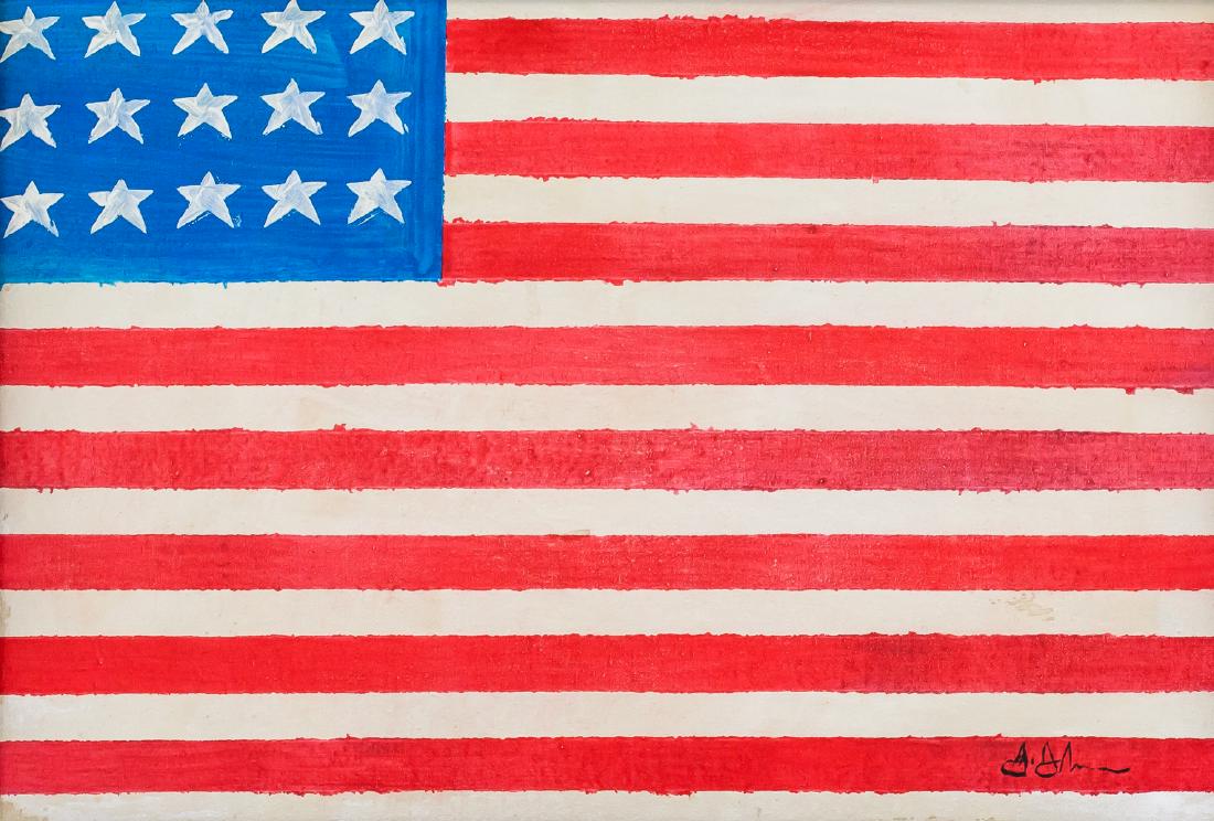 Jasper Johns American Pop Oil on Canvas: Oil on canvas, framed. Featuring the American flag. Signed J. Johns on the lower right corner. Attributed to Jasper Johns (born 1930, American). 32 x 48 cm (11.5 x 19 inches). Framed size: 38 x 54 cm