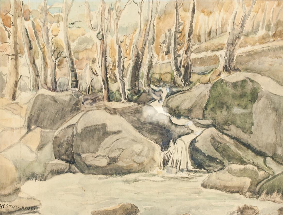 Jan Stanislawski Polish Modernist Watercolor Paper: Watercolor on paper, framed. Featuring a landscape winter scene. Signed JAN STANISLAWSKi on the lower left corner. Attributed to Jan Stanislawski (1860-1907, Polish). 39.5 x 50 cm (15.5 x 19.75 inches