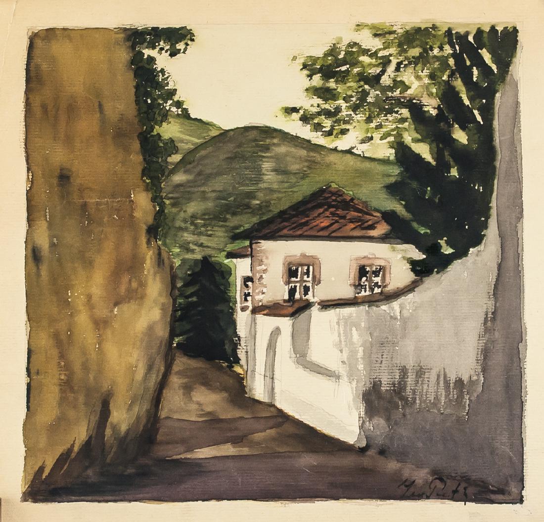 Leo Putz German Expressionist Watercolor on Paper: Watercolor on paper. Featuring landscape scene through town alleyway. Signed Leo Putz on the lower right corner. Attributed to Leo Putz (1869-1940, German). 24 x 24.5 cm (9.5 x 9.75 in). PROVENANCE: S