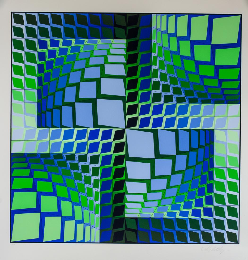 Victor Vasarely "Thez" Ltd Signed Serigraph 87/250: Serigraph on paper. Limited edition, entitled Thez. Signed Victor Vasarely and inscribed 87/250 in pencil on the lower right and lower left corner, respectively. Inscribed on verso N2202. Accompanied 