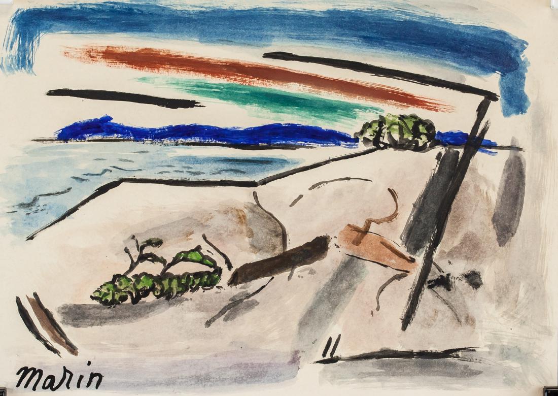 John Marin American Modernist Watercolor on Paper: Watercolor on paper. Featuring a landscape scene. Signed Marin on the lower left corner. Inscribed JM-37 on the upper left corner. Stamped Wakefield Gallery on the upper right corner of verso. Attribu