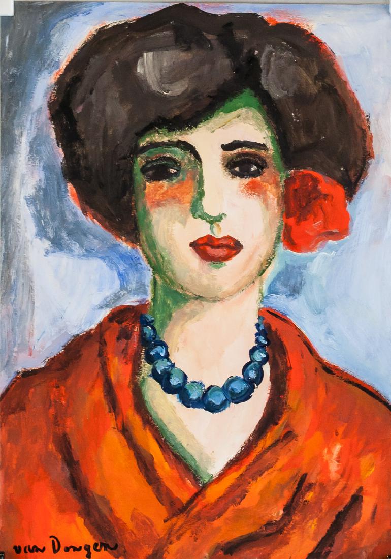 Kees van Dongen French Fauvist Gouache on Paper: Gouache on paper. Featuring lady portrait. Signed van Dongen on the lower left corner. Inscribed 3825 and stamped illegibly, verso. Attributed to Kees van Dongen (1877-1968, Dutch-French). 26 x 19 cm
