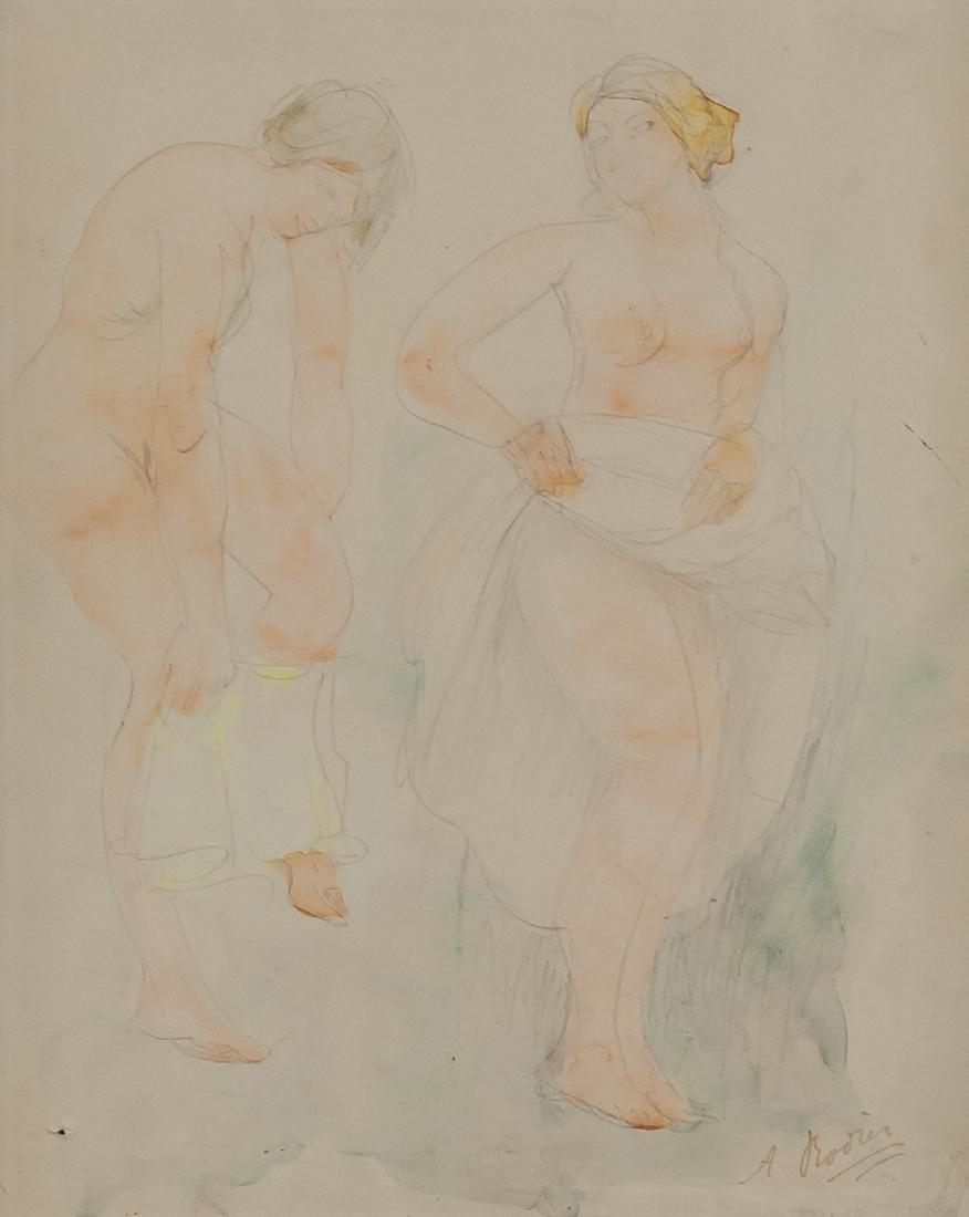 Auguste Rodin French Impressionist WC and Pencil: Watercolor and pencil on paper. Featuring a portrait of two nudes. Signed A. Rodin on the lower right corner. Inscribed on verso Dessin d'A. Rodin / Certifie authentique and signed with signature. Sta