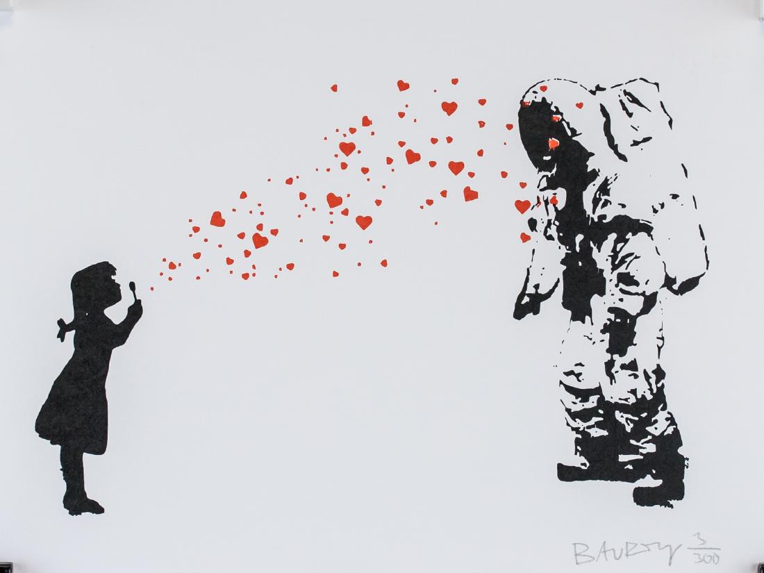Banksy British Pop Signed Silkscreen Paper 3/300: Silkscreen on paper. Featuring a girl blowing bubbles to an astronaut. Signed BANKSY and inscribed 3/300 on the lower right corner. Inscribed '09 in pencil, verso. Stamped ART FAIR, LONDON, verso. Att