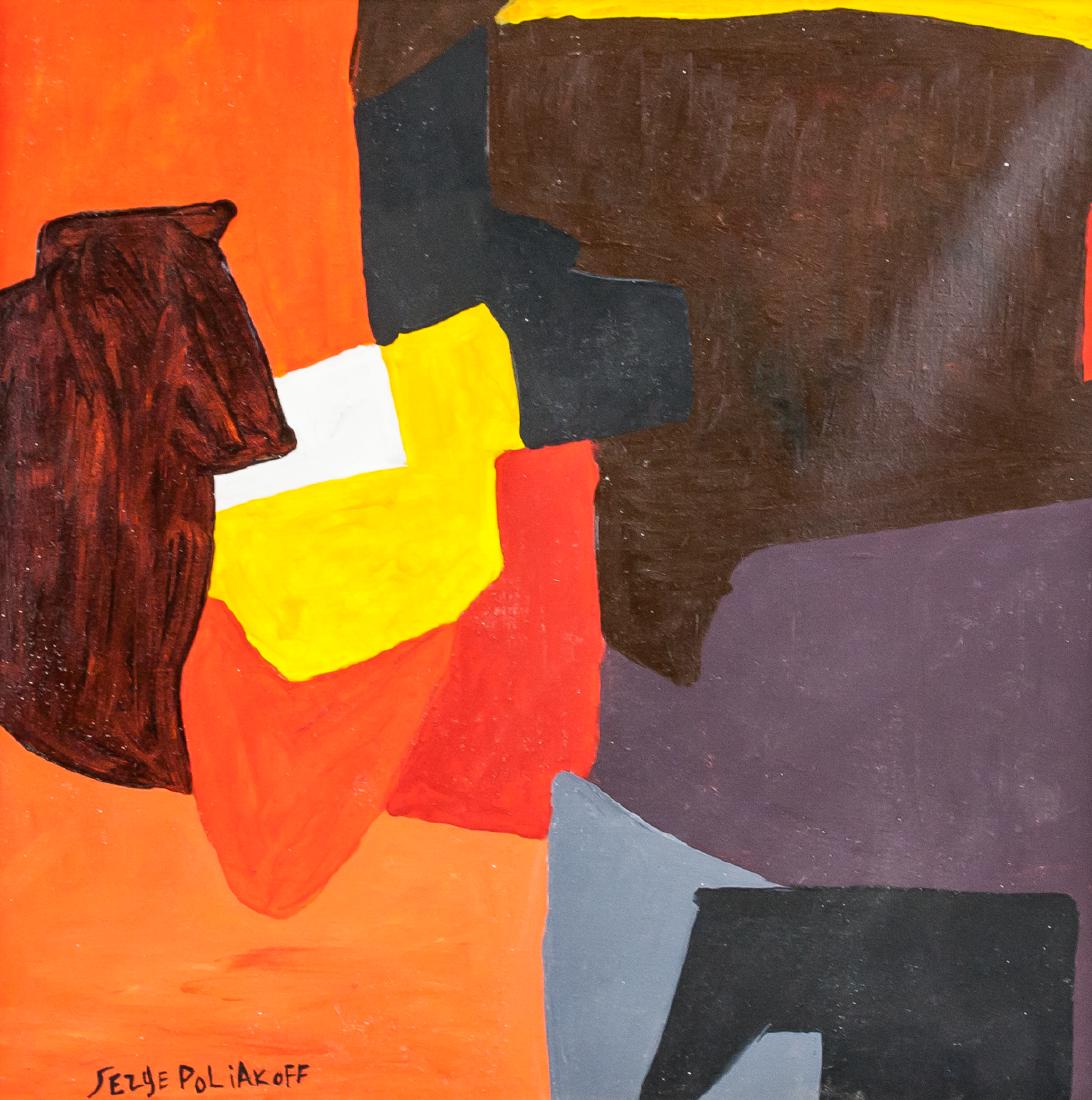 Serge Poliakoff Russian Abstract Oil on Canvas: Oil on canvas, framed. Featuring an abstract expressionist composition. Signed SERgE PoLiAkoFF on the lower left corner. Attributed to Serge Poliakoff (1906-1969, Russian). 37 x 37 cm (14.56 x 14.56 i