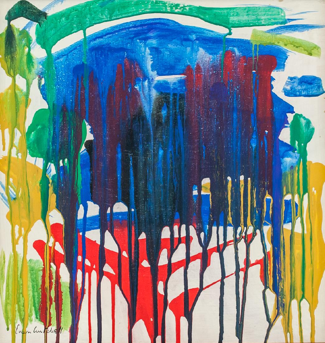 Joan Mitchell American Abstract Oil on Canvas: Oil on canvas, framed. Featuring an abstract expressionist composition. Signed Joan Mitchell on the lower left corner. Attributed to Joan Mitchell (1925-1992, American). 49 x 47 cm (19.25 x 18.5 in).