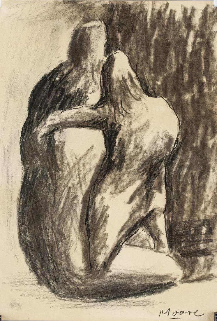 Henry Moore British Abstract Charcoal on Paper: Charcoal on paper. Featuring a nude couple. Signed Moore on the lower right corner. Inscribed Lot 28 Lowda and stamped FINE ARTS SEAL on verso. Attributed to Henry Moore (1898-1986, British). 28.5 x 1