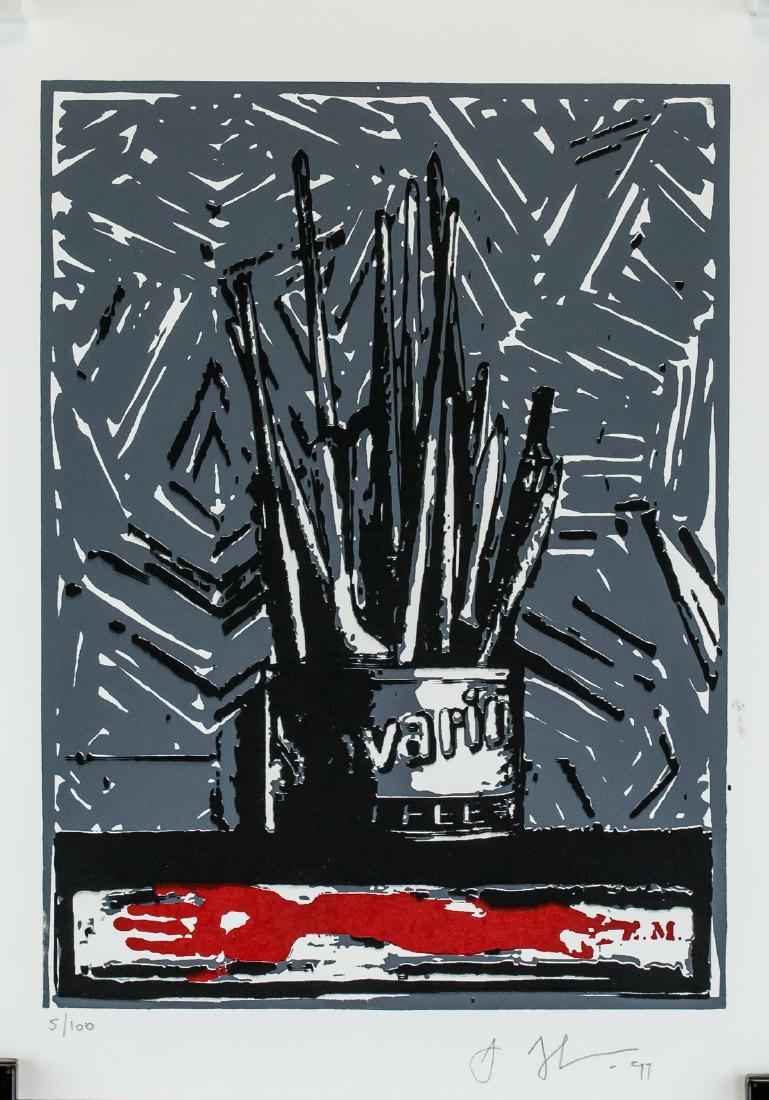 Jasper Johns American Signed Silkscreen 5/100: Silkscreen on paper. Featuring a pop art still of a canister of paintbrushes. Signed J Johns and inscribed '97 and inscribed 5/100 on the lower right and lower left corner, respectively. Inscribed XII