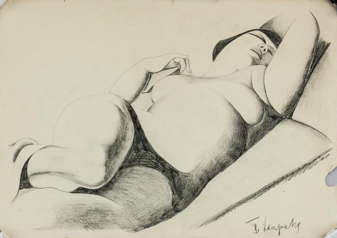 Tamara de Lempicka Polish-French Art Deco Charcoal: Charcoal on paper. Featuring a nude. Signed T. Lempicka on the lower right corner. A signature and two illegible stamps on verso. Attributed to Tamara de Lempicka (Polish-French, 1898-1980). 13.25 x 1